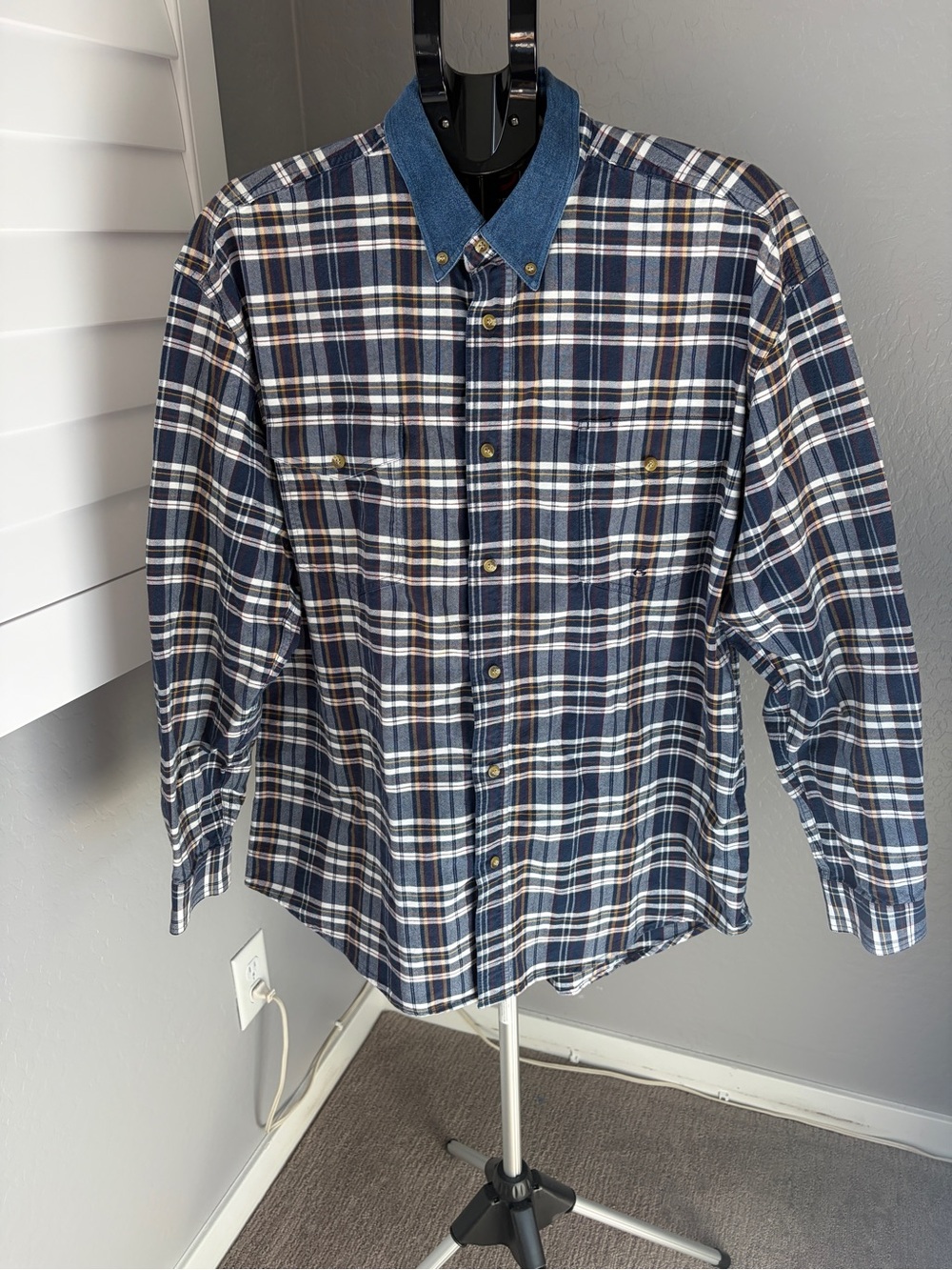 Roper Plaid Denim Collar Western Button Up Shirt XL 100% Cotton
